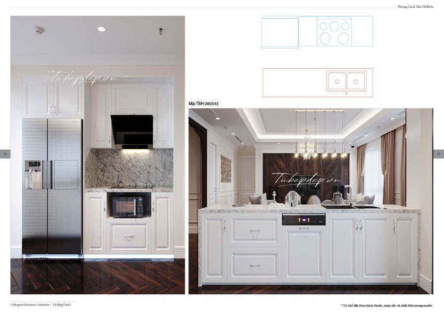 Thiết kế phòng bếp biệt thự tân cổ điển màu trắng